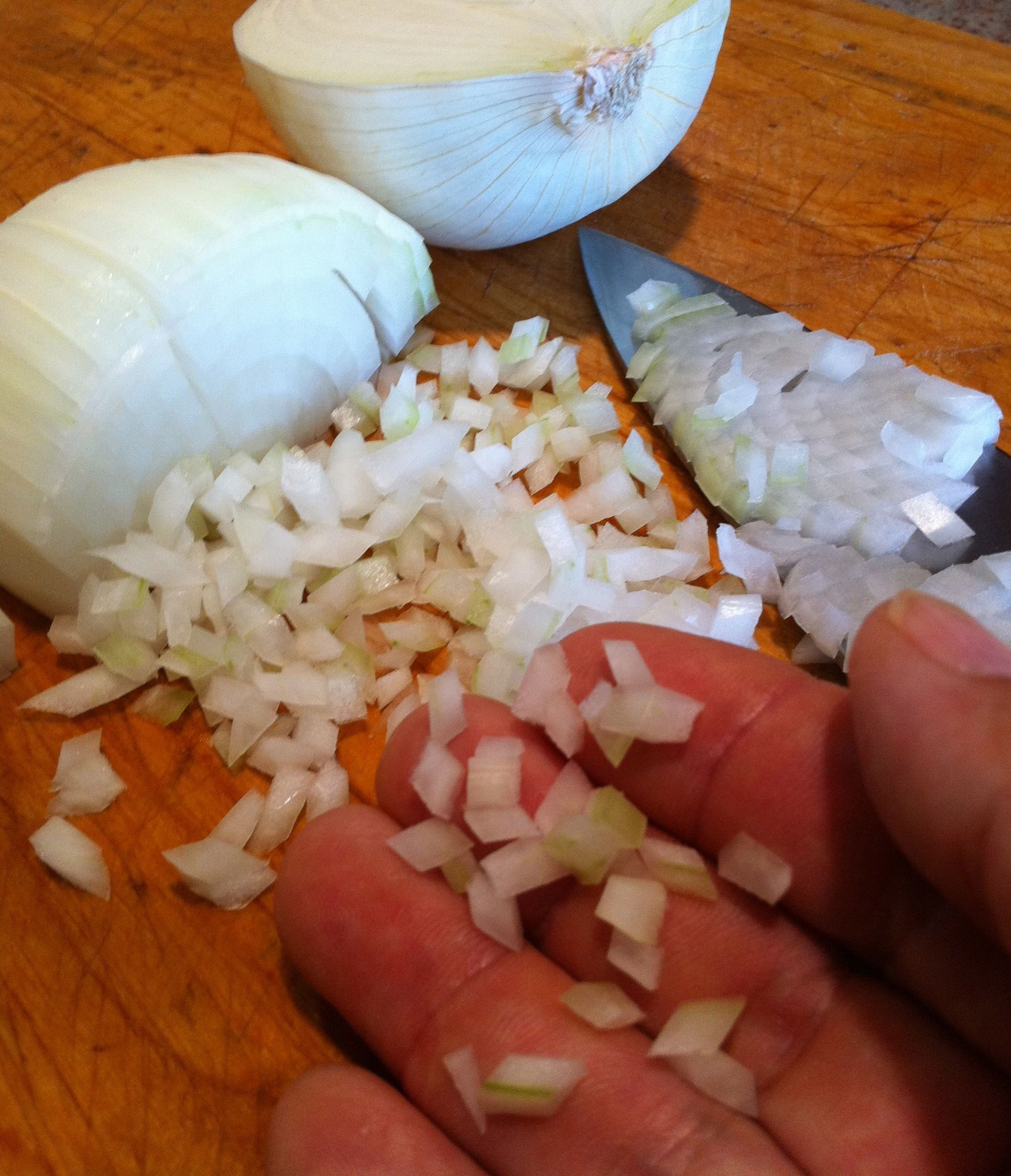 Diced onions are small, to create an acidic contrast to the chile of the enchilada