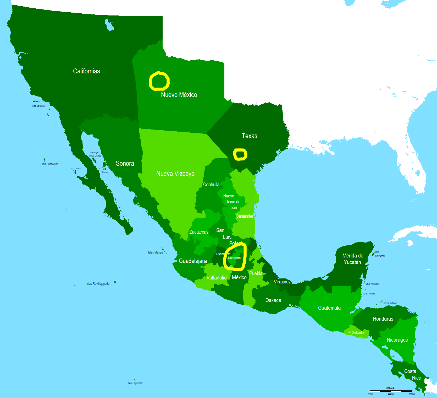 Map of Mexico in 1821, with gorditas